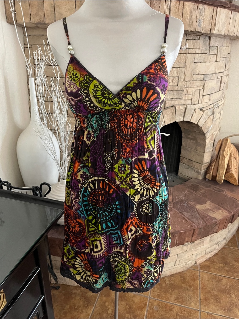 Vibrant Boho Print Spaghetti Strap Dress Derek Heart Size S